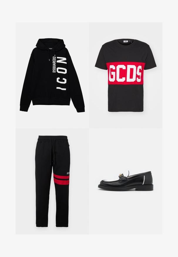 Black hoodie made of cotton, featuring a white graphic text "DSQUARED2 ICON" on the front. Includes a drawstring hood and ribbed cuffs.; GCDS BAND LOGO REGULAR - Print T-shirt - black; Black sweatpants with contrast red stripes and logo on the side. Features an elastic waistband with drawstring and tapered ankle cuffs.; Black leather loafer with a rounded toe, white accents, and gold hardware on the vamp. Features a textured patch and stacked heel.
