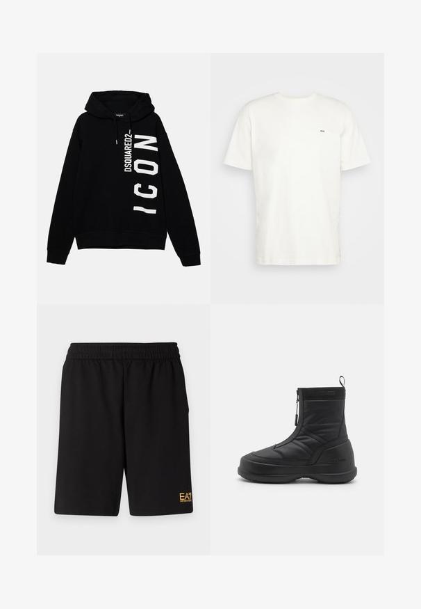 Black hoodie made of cotton, featuring a white graphic text "DSQUARED2 ICON" on the front. Includes a drawstring hood and ribbed cuffs.; White cotton t-shirt with crew neckline, short sleeves, and a small black "W.W." logo on the left chest. Smooth texture, regular fit.; Black athletic shorts made of soft fabric,Featuring an elastic waistband and a small yellow EA7 logo on the lower left leg.; Black waterproof snow boot with a smooth synthetic upper, zip closure, padded collar, and textured rubber sole. Accented with "MOON BOOT" branding.