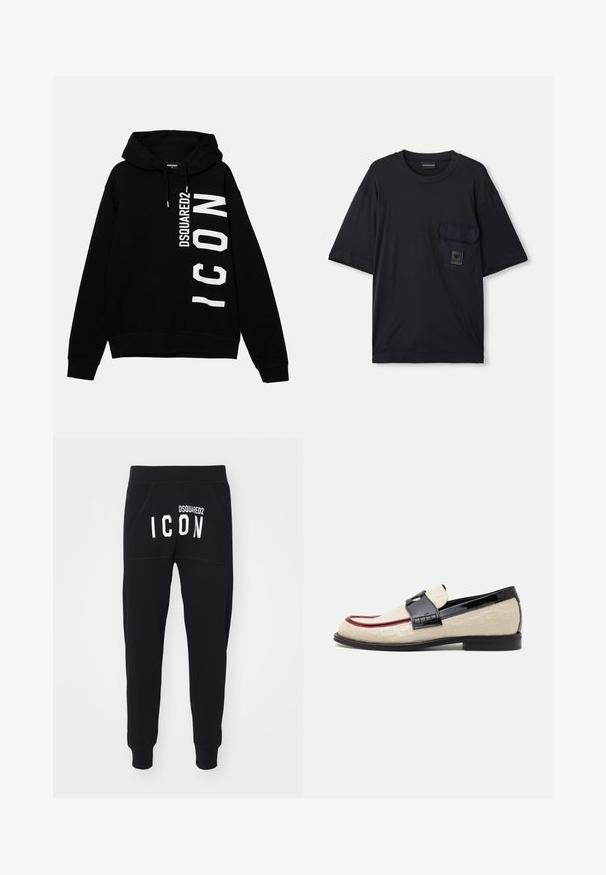 Černá mikina s kapucí vyrobená z bavlny, na přední straně s bílým grafickým nápisem "DSQUARED2 ICON". Obsahuje stahovací kapuci a žebrované manžety.; Černé tričko s krátkým rukávem a kulatým výstřihem, které má kapsu s klopou na levé straně hrudi a malý obdélníkový logový štítek.; Černé tepláky s jemnou texturou, zúženými nohavicemi a kapsami. Na zadní straně je vtučné bílé písmo napsáno "DSQUARED2 ICON".; Béžové mokasíny s embosovaným vzorem, červeným akcentním pruhem a lesklým černým podpatkem. Součástí je pásek s detailem sponky. Plná černá podrážka.
