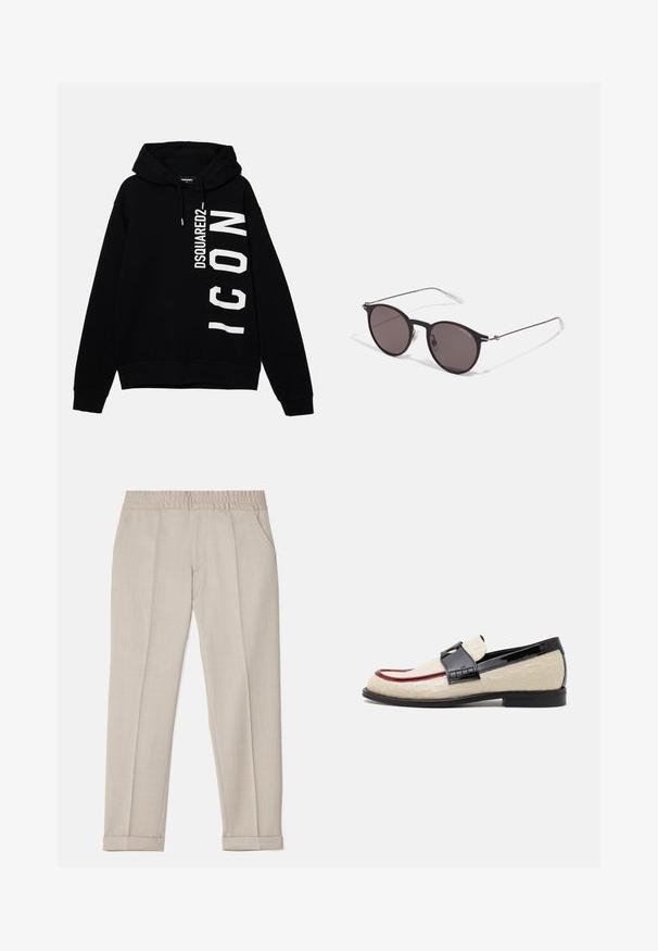 Must musta, millel on ees valge graafikatekst "DSQUARED2 ICON". Sisaldab nööriga kapuutsi ja ribidega mansette.; Filippa K TERRY CROPPED TROUSERS - Püksid - sage melange; Bežid loafers, milletrikiga reljeefne mustri, punane aktsentlindi ja läikiv must konts. Omab rihma koos tõmblukuga detailiga. Lame must tall.; Mustad mustad prillid tumedate läätsedega ja õhukeste metallist käepidemetega. Kaarja kujuga seljaosa ja hõbedased aktsendid hingel. Minimalistlik disain.