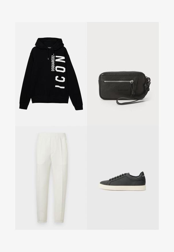 Musta huppari, joka on valmistettu puuvillasta ja etupuolella on valkoinen graafinen teksti "DSQUARED2 ICON". Sisältää nyörivettin ja ribattuja hihoja.; Valkoiset kapealahkeiset housut, joissa on joustava vyötärönauha, kaksi sivutaskua ja sileä, hieman kiiltävä pinta.; Musta nahkakenkä, jossa on matala profiili, pyöreä kärki ja nauhakiinnitys; siinä on tekstiilipohja ja logoyksityiskohta kantapäässä.; Mustakotelo, jossa on tekstuuri, etupinossa vetoketjullinen tasku ja irrotettava ranneke. Edessä on logopatch. Suorakulmainen muoto.