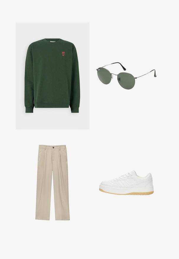 Sötétzöld pamut pulóver hosszú ujjal, bordás mandzsettával és kerek nyakkal. A mellkason egy kis piros hímzett minta található.; Fehér polo póló, amely pamutból készült, klasszikus gallérral, rövid ujjakkal és egy kis sötétkék logóval a bal mellen. Két gombos gombolás.; Beige egyenes szárú nadrág, egy fekete gombbal, övhurkokkal és oldalzsebekkel. Sima szövettextúra és minimális design.; Fehér bőr sneaker, texturált felülettel, gumitalppal, fűzős kialakítással és diszkrét csíkozással az oldalakon.; Fémkeretes napszemüveg ovális zöld lencsékkel. Vékony ezüst színű fémkeret és fekete fülrész. Minimalista dizájn, látható logók nélkül.