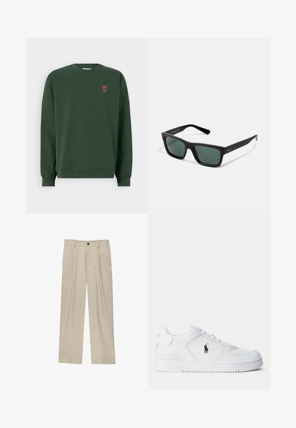 Felpa in cotone verde scuro con maniche lunghe, polsini a coste e collo rotondo. Presenta un piccolo design ricamato rosso sul petto.; Pantaloni beige a taglio dritto, con un solo bottone nero, passanti per la cintura e tasche laterali. Tessuto dalla texture liscia e design minimale.; Scarpa da ginnastica bianca con tomaia in pelle strutturata, punta rotonda, lacci piatti e un logo nero sul lato. Suola in gomma con motivo antiscivolo.; Occhiali da sole neri rettangolari con lenti verdi, caratterizzati da una finitura opaca, aste dritte e il logo Ray-Ban sul lato.