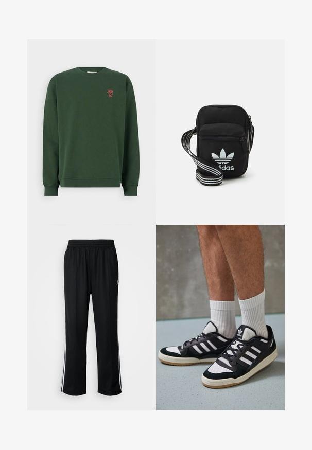 Tumši zaļš kokvilnas krekls ar garām piedurknēm, ribotiem aproces un apaļu kaklu. Uz krūšu ir neliels sarkans izšūts dizains.; Melni sporta bikses ar elastīgu jostas vietu, kurām ir baltas sānu svītras un neliels logotips. Materiāls izskatās mīksts un viegls.; Melnas un baltas kedas ar zamša un ādas augšdaļu, kas aprīkotas ar trim baltām svītrām, perforētu purngali un gumijas zolēm.; Melna auduma crossbody soma ar rāvējslēdzēja aizdari, kurai ir balts Adidas logo un svītrainas regulējamas siksnas ērtiem pārvietošanās veidiem.