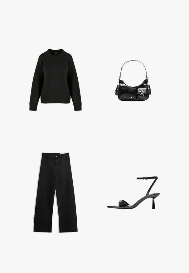 Mustat neulotut neuleet pyöreällä kaula-aukolla, pudotetuilla harteilla ja ribbitoimilla. Kangas on pehmeää ja rentoa.; Mustat leveät farkut korkealla vyötäröllä, joissa on etu- ja takataskut, ommellut saumat ja nappisuljenta. Silkinoinen rakenne.; Bershka Korolliset sandaalit - black; Mustekko mustasta kiiltonahasta valmistettu käsilaukku, jossa on kaareva muoto, yksi olkahihna, etutaskut ja hopeanväriset yksityiskohdat.