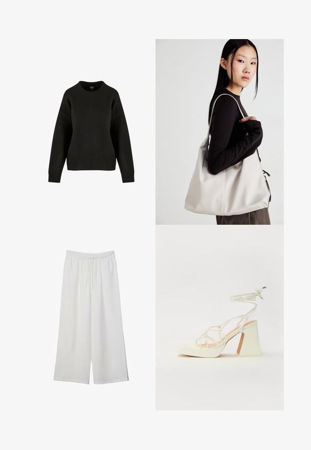 Maglione nero lavorato a maglia con scollatura rotonda, spalle basse e orlo a coste. Il tessuto ha una consistenza morbida e una vestibilità comoda.; Pantaloni bianchi a gamba larga realizzati in tessuto leggero, dotati di una vita elastica e di un cordino per una vestibilità regolabile. Texture liscia.; Sandalo bianco con tacco alto, caratterizzato da un design a cinturini e un legaccio alla caviglia. Texture liscia con una piattaforma frontale per un'altezza aggiuntiva.; Borsa a mano beige realizzata in materiale morbido, caratterizzata da un design morbido, dettagli cuciti e due manici. Adatta per l'uso quotidiano.