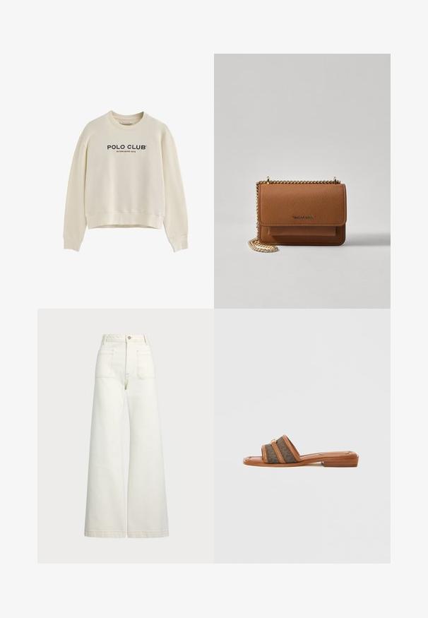 Felpa beige chiaro con collo a giro, maniche lunghe e design corto; presenta la scritta "POLO CLUB" e "FONDATO NEL 2012" in testo blu navy e rosso.; Jeans a gamba larga in denim bianco sporco. Design a vita alta con chiusura a bottone, due tasche frontali e dettagli di cucitura a contrasto.; Sandalo infradito marrone con due ampie fasce in tessuto a motivo scuro, con tacco basso e dettaglio in metallo dorato.; Borsa a tracolla in pelle marrone con texture, dotata di catena dorata e chiusura a pattina. Sul davanti presenta un dettaglio con logo e una tasca sotto la pattina.