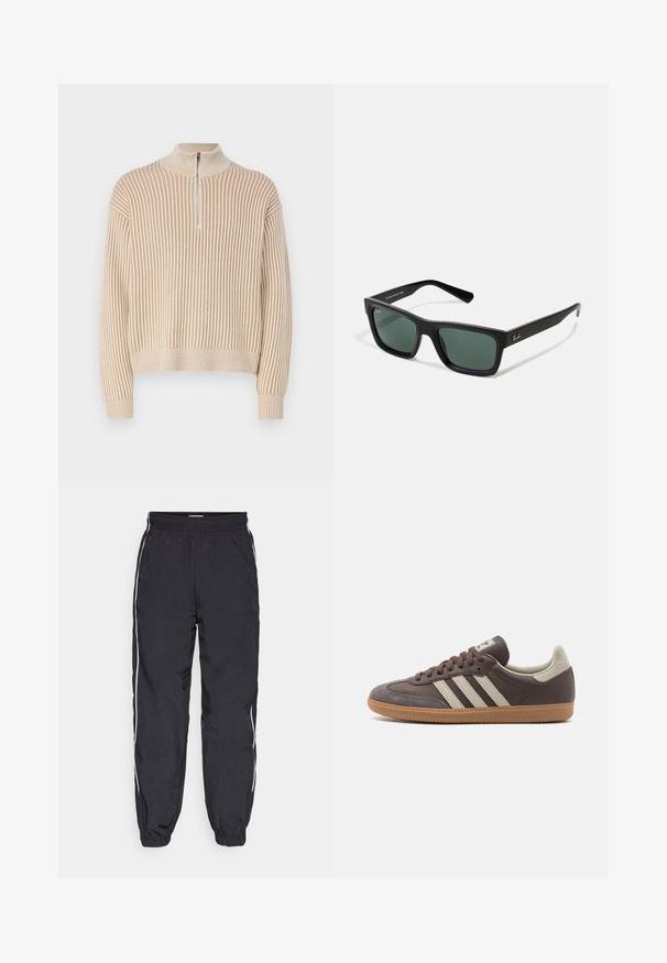 Beige ribbeltrui met een hoge hals en een korte rits aan de voorkant. Kenmerkt zich door lange mouwen en een losse pasvorm. Geheel voorzien van een gestructureerd breipatroon.; Zwarte trainingsbroek van lichtgewicht stof, met een elastische tailleband, taps toelopende pijpen en witte zijkanten.; Bruine leren sneaker met drie lichtgekleurde strepen, rubberen gumzool, ronde neus en gestructureerde nubuck accenten op de hiel en neus.; Zwarte rechthoekige zonnebril met groene lenzen, voorzien van een matte afwerking, rechte pootjes en het Ray-Ban-logo aan de zijkant.