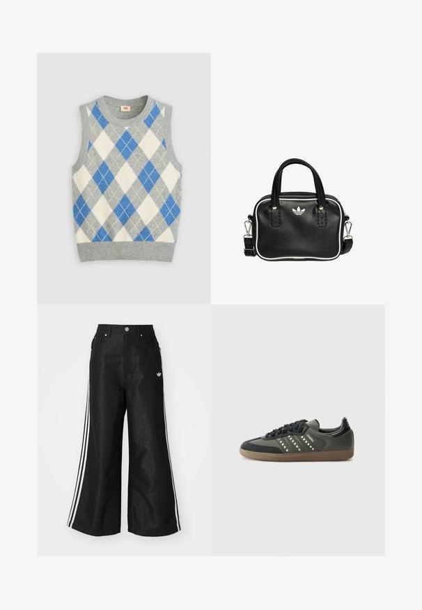 Szary bezrękawnik z wzorem w argyle w odcieniach niebieskiego, białego i żółtego. Posiada okrągły dekolt i ściągacze u dołu. Wykonany z miękkiego materiału.; Czarne dżinsy o szerokich nogawkach z trzema białymi paskami po bokach i małym białym logo. Posiadają przednie kieszenie i zapięcie na guzik.; adidas Originals SAMBA OG czarny; Czarna skórzana torebka z dwoma krótkimi uchwytami, srebrnymi akcentami, białymi detalami i białym logo. Posiada teksturowaną powierzchnię oraz kompaktowy design.