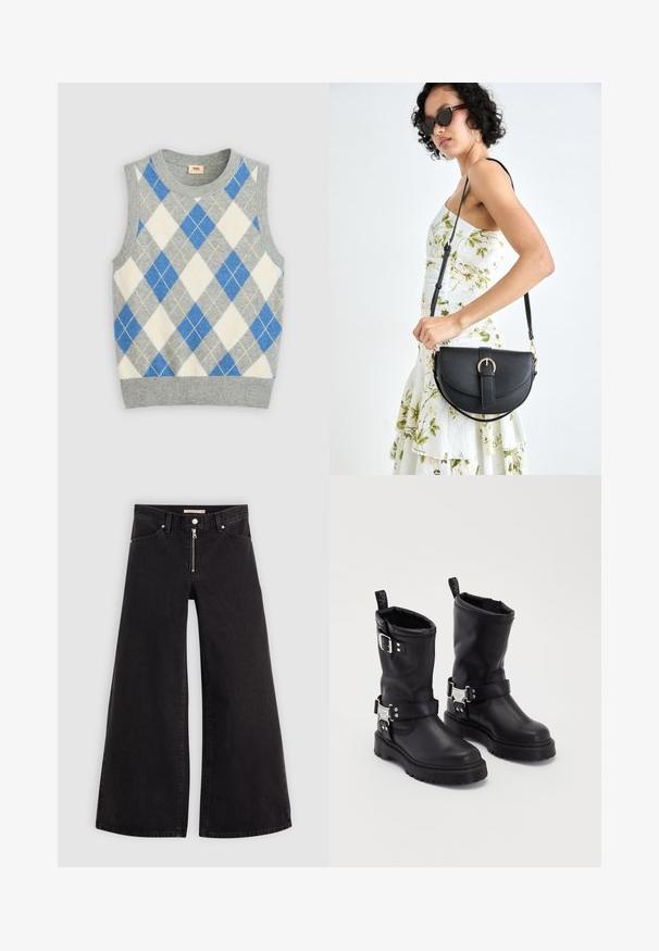 Sweater cinzento sem mangas com um padrão argyle em azul, branco e amarelo. Apresenta um decote arredondado e bainha canelada. Feito de um tecido macio.; Calças de ganga de perna larga em denim preto com fecho éclair à frente, design de cinco bolsos e detalhes de costura subtil. Textura suave e estilo casual.; Botas de tornozelo em couro preto com sola robusta, apresentando uma fita de fivela lateral e detalhes decorativos. Textura suave com uma alça de puxar.; Bolsa de couro preta com forma curva, alça destacável e detalhes em dourado. A bolsa possui uma aba com detalhe de fivela.