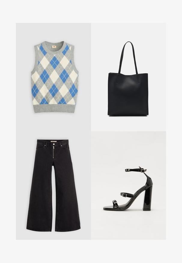 Gray sleeveless sweater with an argyle pattern in blue, white, and yellow. Features a rounded neckline and ribbed hem. Made from soft fabric.; Wide-leg jeans in black denim with a zippered front, five-pocket design, and subtle stitching details. Smooth texture and casual style.; Black patent heeled sandals with a square toe, ankle straps, and silver buckles. Features a chunky block heel for stability.; Black leather tote bag with smooth texture, rectangular shape, and two long handles. No visible hardware or embellishments.