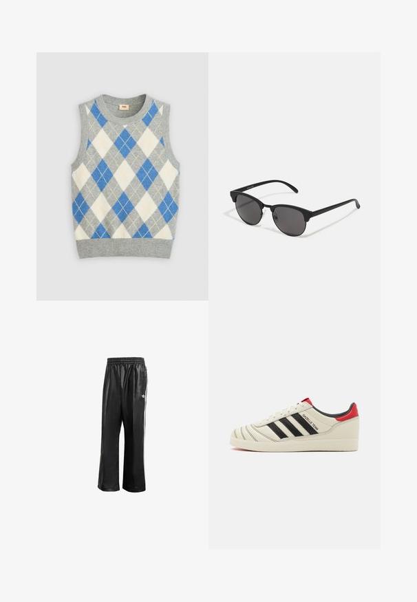 Grå ermeløs genser med et argyle-mønster i blått, hvitt og gult. Har en rund halslinje og ribbestrikket kant. Laget av mykt stoff.; Sorte syntetiske treningsbukser med elastisk midje, som har hvite sidestreker og en liten hvit logo på venstre hofte.; Kremfargede lærtreninger med svarte striper, røde hælaccents og teksturerte detaljer. Har gummisåle og snøring.; Sorte solbriller med runde linser, matt finish og karakteristisk katteøyeform. Slanke armer med subtil merking på venstre tempel.