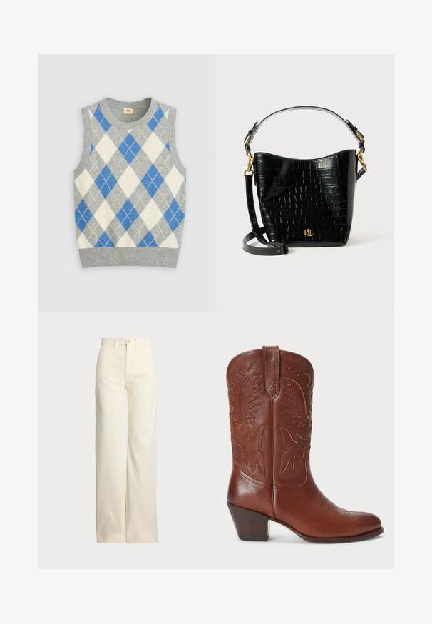Grauer ärmelloser Pullover mit einem Argyle-Muster in Blau, Weiß und Gelb. Mit rundem Halsausschnitt und geripptem Saum. Aus weichem Stoff gefertigt.; Polo Ralph Lauren COTTON CORDUROY WIDE-LEG PANT - Stoffhose - warm white; Braune Leder-Cowboystiefel mit spitzem Zeh, geprägtem Western-Design und gestapeltem Absatz. Verfügt über eine Naht und eine glatte Textur.; Schwarze, krokodilgeprägte Lederhandtasche mit geschwungener Form, goldfarbenen Hardware-Akzenten, einem verstellbaren Riemen und einem Logodetail auf der Vorderseite.