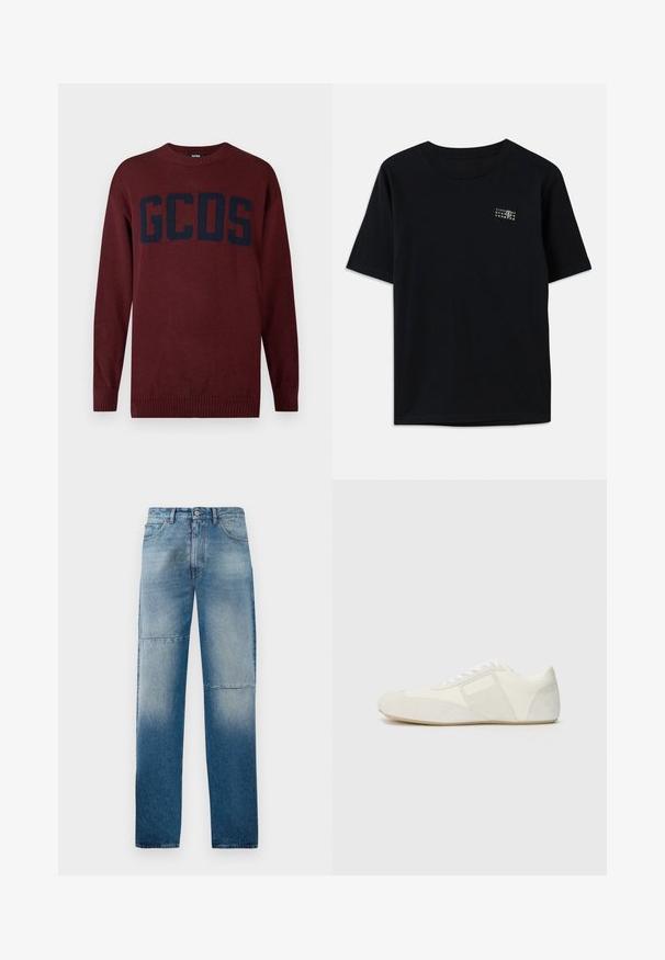 Burgundi värvi kampsun, millel on soonikkoes ümar kaelus ja suur laevastiku sinine "GCDS" logo esiosas. Pikad varrukad soonikkoes mansettidega.; Mustmust värvi t-särk lühikeste varrukatega, ümar kaelus ja väike valge graafika, mis kujutab numbreid vasakul rinnal.; Heledad sinine teksad sirge säärega disainiga, kulunud pesu ja kaks horisontaalset õmblust. Omab viit taskut ja nupuga kinnitamist.; Valge sportlik jalanõud, millel on voolujooneline disain, suede varbatald, nahkplaatide ja kontrastsete tekstuursete detailidega. Lame kummist tald.