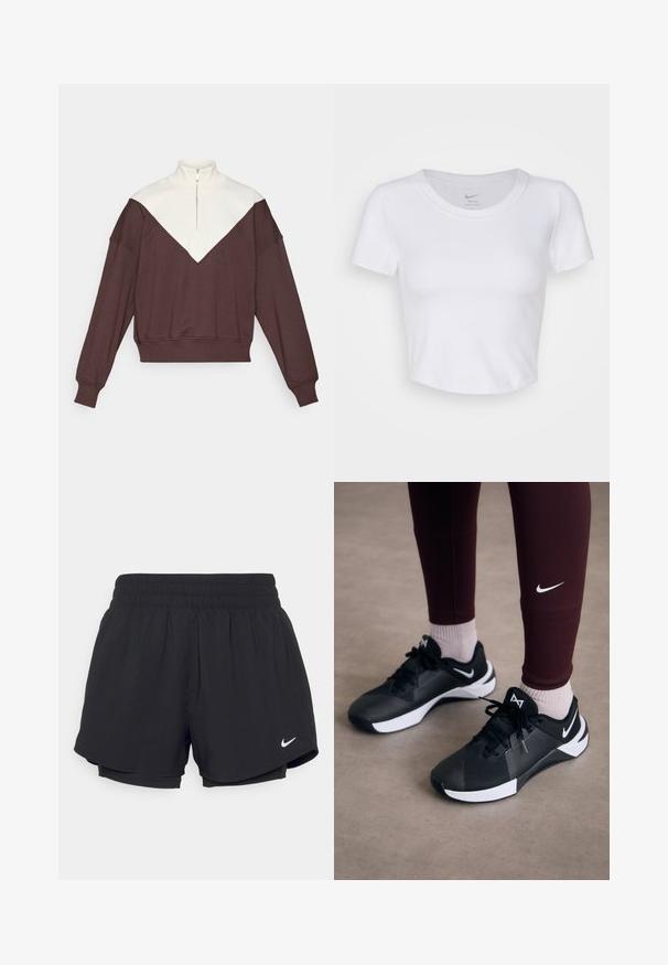 Barna és krém színű, fél cipzáros pulóver, V-alakú színblokk dizájnnal, bordás mandzsettákkal és puha tapintással.; Fehér, rövid ujjú crop top sima, szintetikus anyagból. Kerek nyakkivágással rendelkezik, és a nyakpántban a Nike logó található.; Fekete sportnadrág, gumírozott derékpánttal, belső béléssel és fehér Nike logóval az alsó bal oldalon. Similaire, könnyű anyag.; Fekete sportcipők texturált felsőrésszel és fehér akcentussal, fűzőkkel és oldalsó logóval. Bordó leggingsszel és világos zoknival viselve.