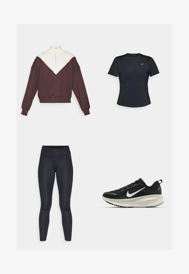 Brun og kremet half-zip genser med V-formet fargeblokkmønster, ribbede mansjetter og en myk tekstur.; Svart kortermet treningstrøye laget av lett, fukttransporterende stoff. Har rund hals og liten hvit Nike-logo på brystet.; Sorte leggings laget av glatt, elastisk materiale. Høy midje uten synlige mønstre eller detaljer. Sitter tett fra midjen til anklene.; Svart Nike løpesko med pustende mesh-overdel, hvit swoosh-logo, teksturert detaljer og en kremfarget ZoomX mellomsåle.
