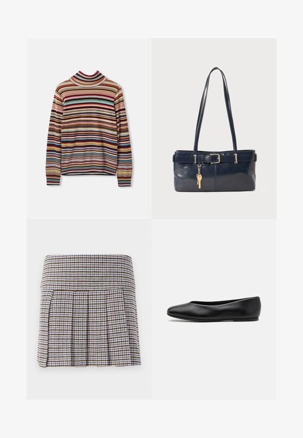 Jersey de cuello alto de rayas multicolores con rayas horizontales en rojo, azul, amarillo y gris. Hecho de una tela suave con puños acanalados.; Falda plisada en un patrón de cuadros marrón, beige y azul. Confeccionada en un tejido texturizado, cuenta con una cinturilla ajustada y pliegues decorativos.; Paul Smith TOPANGA - Bailarinas - black; Bolso de mano de cuero navy con dos asas largas, un detalle de hebilla y un llavero adjunto. Presenta una textura suave y una forma rectangular.