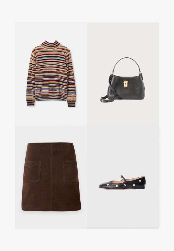 Multicolored striped turtleneck sweater featuring horizontal stripes in red, blue, yellow, and gray. Made of soft fabric with ribbed cuffs.; Brown suede skirt featuring a classic A-line shape, two front pockets with rounded flaps, and subtle stitching details.; Black leather Mary Jane flat shoe with a rounded toe, featuring silver circular studs and an adjustable strap with a buckle.; Black leather handbag with a textured finish, featuring a gold lock closure, short handle, and a detachable shoulder strap.