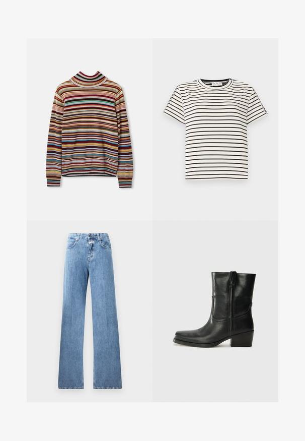 Vairogu krāsu svītrota augsta apkakle adītā džempera, kuram ir horizontālas svītras sarkanā, zilā, dzeltenā un pelēkā krāsā. Izgatavots no mīkstas auduma ar ribotām aprocēm.; Kokvilnas T-krekls īsām piedurknēm ar apaļu kakla izgriezumu, ar melnām vertikālām svītrām uz balta fona un taisnu griezumu.; Gaiši zili džinsi ar platām kājām, pieci kabatas, jostu cilpas un pogu aizdare. Audumam ir gluda tekstūra.; Melna ādas potīte ar noapaļotu purngalu, bloku papēdi, sānu rāvējslēdzēju un šuvju akcentiem uz virsmas. Gluda tekstūra, klasiskā dizaina.