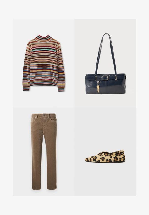 Multicolored striped turtleneck sweater featuring horizontal stripes in red, blue, yellow, and gray. Made of soft fabric with ribbed cuffs.; Brown corduroy straight-leg trousers with front pockets, belt loops, and button closure on a white background.; Leopard print flat shoes made of soft fur, featuring a pointed toe design and a low profile. Natural tones with black accents.; Navy leather handbag with two long handles, a buckle detail, and a keychain attached. Features a smooth texture and a rectangular shape.