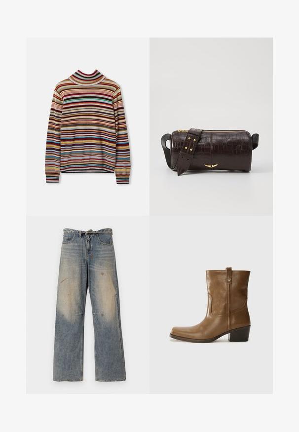 Multicolored striped turtleneck sweater featuring horizontal stripes in red, blue, yellow, and gray. Made of soft fabric with ribbed cuffs.; Light blue denim jeans with a loose, straight-leg design. Features whiskering, fading, and distressed details near knees. Classic five-pocket style.; Brown leather ankle boot with a square toe, textured finish, and a low stacked heel. Features a rear pull tab and subtle stitching details.; Brown crocodile-embossed leather bag with a cylindrical shape, gold-tone hardware, and a detachable strap featuring studs.