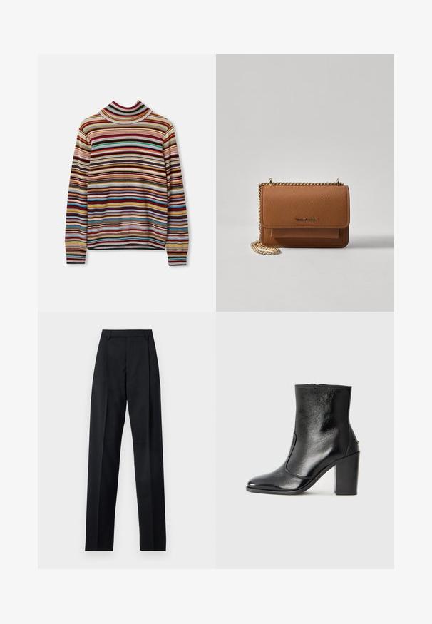 Tarka csíkos garbó pulóver, vízszintes csíkokkal piros, kék, sárga és szürke színben. Puha anyagból készült, bordázott mandzsettákkal.; Fekete nadrág sima anyagból, magas derékkal, széles lábakkal, elülső redőkkel és klasszikus övhurkokkal. Oldalzsebek nem láthatók.; Fekete bőr bokacipő sima textúrával, hegyes orral és vastag, magas sarkával. Oldalnyílással és minimalista dizájnnal rendelkezik.; Barna textúrájú bőr keresztbody táska arany lánc pánttal és fedélzárral. Az elején logó részlet és egy zseb található a fedél alatt.