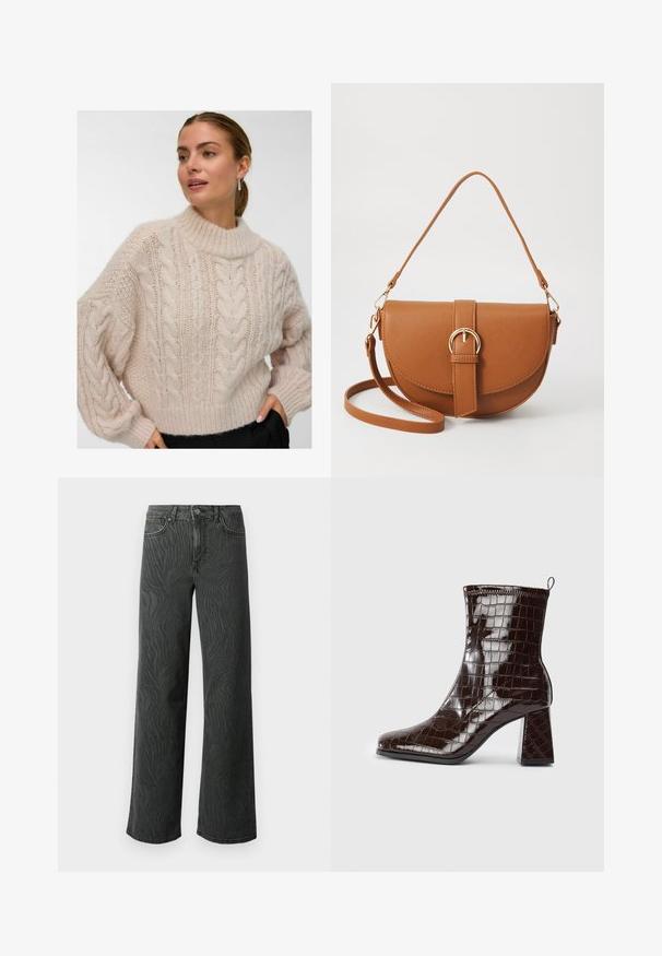 Frau in einem cremefarbenen, grob gestrickten Pullover mit hohem Rundhalsausschnitt und langen Puffärmeln, die mit einer Hand in der Tasche ihrer schwarzen Hose steht.; Weite Jeans aus dunkelgrauem Denim, mit einer subtilen Zebra-Muster-Struktur, kontrastierenden Nähten und einem Fünf-Taschen-Design mit einem Knopfverschluss.; Dunkelbraune Lackleder-Ankle Boots mit Krokodillederstruktur, Blockabsatz und Zuglasche hinten vor weißem Hintergrund.; Braune Leder-Crossbody-Tasche mit geschwungener Form, goldfarbenen Beschlägen und einer Schnallenakzentuierung. Verfügt über einen abnehmbaren Schultergurt.
