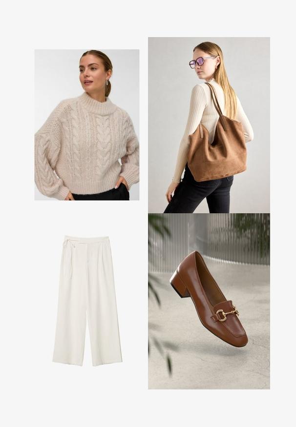 Žena u krem puloveru s debelim pletenicama, visokog okruglog ovratnika i dugim napuhanim rukavima, stoji s jednom rukom u džepu crnih hlača.; Hlače širokih nogavica od off-white tkanine s glatkom teksturom. Imaju vezani struk i naborani prednji dio, dizajnirane za opuštenu prilagodbu.; Smeđi lakirani loafer s kvadratnim vrhom, metalnim lancem kao naglaskom i niskom blok petom; glatka tekstura, minimalistički dizajn.; Smeđa suede torba sa mekom teksturom, širokim otvorom i dugim trakama. Ima jednostavan dizajn s vidljivim šavovima i bez hardvera.