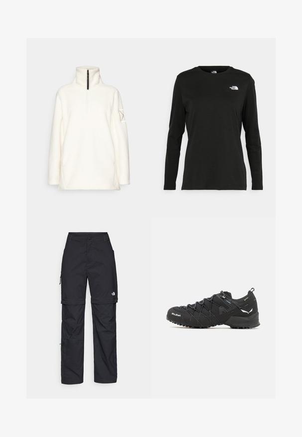 Weißer Fleece-Pullover mit hohem Kragen, halb geschlitztem Frontreißverschluss, langen Ärmeln und einem einzigartigen gemusterten Akzent am linken Ärmel.; Schwarzes Langarm-T-Shirt aus Baumwolle mit Rundhalsausschnitt. Verfügt über ein kleines weißes Logo auf der linken Brustseite. Einfaches Design und Passform.; Schwarze Nylon-Zip-Off-Cargohosen mit verstellbaren Bündchen, mehreren Taschen und einem Logo am rechten Bein. Glatte, leichte Textur.; Schwarze Wanderschuhe mit einem strukturierten Obermaterial aus Stoff, Schnürsystem und robuster Gummisohle. Akzentuiert mit reflektierenden Details und Logos.