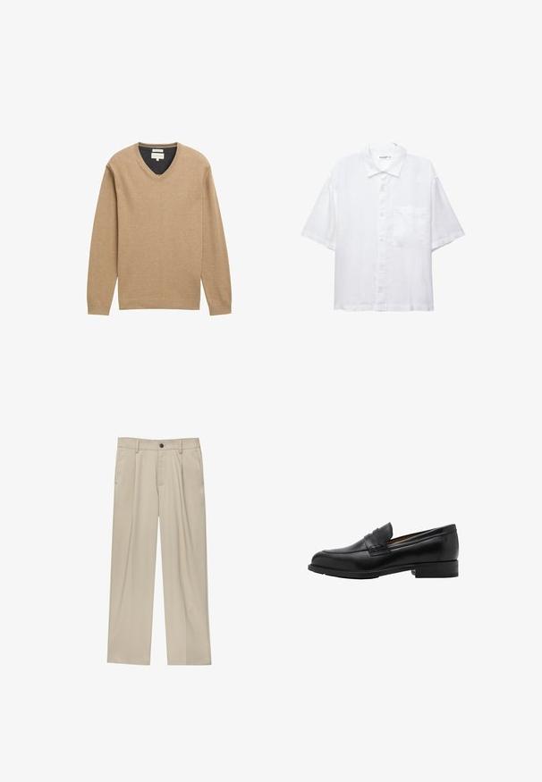 Bež džemper s V-izrezom napravljen od mekog pletenog materijala, s dugim rukavima i rebrastim rubom. Suptilan detalj s logom na prsima.; Bijela košulja kratkih rukava s kopčanjem sprijeda, ovratnikom i jednim džepom na prsima. Izrađena je od lagane tkanine s glatkom teksturom.; Bež hlače ravnog kroja s jednim crnim gumbom, petljama za remen i bočnim džepovima. Glatka tekstura tkanine i minimalistički dizajn.; Crne kožne loafers c revama sprijeda i ravnim potplatom. Glatka tekstura s okruglim vrhom i ukrasnom trakom preko instep-a.