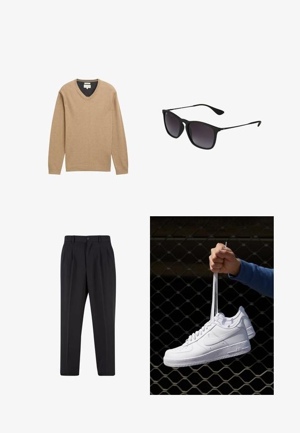 Beige V nyakú pulóver, puha kötött anyagból, amelyek hosszú ujjak és bordás alj jellemzi. Diszkrét logórészlet a mellkasán.; Fehér, hosszú ujjú, gombos ing, pamutból készült. Széles gallérral, gombos záródással és egy kis hímezett logóval rendelkezik a mellkasán.; Fekete nadrág, pliszézett elejű dizájnnal, sima anyagból készült. Gombos záródás és övhurkok jellemzik; egyenes szabású.; Fehér bőr sportcipők perforációval, kerek orral, lapos talppal és vastag fűzőkkel, látható swoosh logóval és "AIR" felirattal a sarokrészen.; Fekete napszemüveg, letisztult műanyag kerettel, sötét, árnyékolt lencsékkel, geometrikus formával és a szárán található jellegzetes márkajelzéssel.