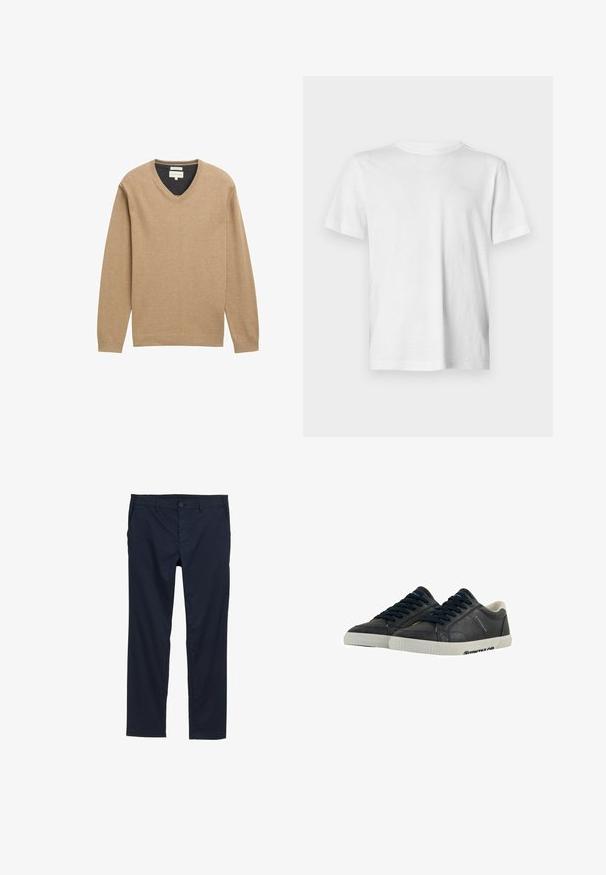 Bežs V-veida džemperis, izgatavots no mīksta adījuma auduma, ar garām piedurknēm un ribu apakšmalu. Diskretā logo detaļa uz krūts.; Balts īsām piedurknēm T-krekls, kas izgatavots no mīksta kokvilnas, ar apaļu kakla izgriezumu un smalku izliekta logo detaļu kreisajā krūšu pusē.; Jūras zila viegla auduma bikses ar gludu tekstūru, taisna kāju dizainu, pogu aizdari un sānu kabatām.; Jūras zila ādas sporta apavi ar baltām gumijas zolēm, apaļām purngalam un melnām šņorēm. Diskretas tekstūras un zīmoli sānos. Ikdienas dizains.