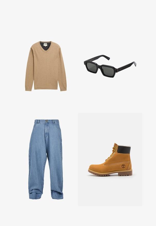 Bež džemper s V-izrezom napravljen od mekog pletenog materijala, s dugim rukavima i rebrastim rubom. Suptilan detalj s logom na prsima.; Bijela polo majica od pamuka. Ima klasičan ovratnik, placket s tri gumba i kratke rukave. Diskretni logo izvezen na prsima.; Svijetloplave traperice s opuštenim krojem, kopčanje na gumb, prednji džepovi i manžetna, s klasičnim dizajnom od pet džepova.; Smeđi kožni gležnjača sa metalnim okovima, bijelim krznom obloženim unutrašnjim dijelom, crnim podstavljenim okovratnikom, robusnom potplatom i utisnutim logoom na strani.; Crne, četvrtaste sunčane naočale s sivim lećama. Debeli plastični okviri imaju zlatne naglaske i brendiranje na sljepoočnicama. Glatka tekstura.