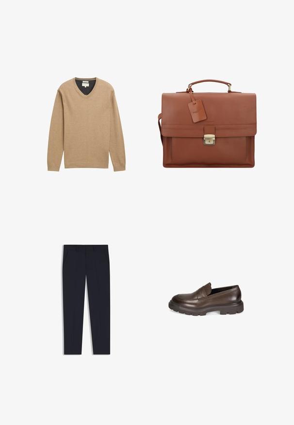 Beige V-Ausschnitt-Pullover aus weichem Strickstoff, mit langen Ärmeln und geripptem Saum. Dezentes Logo-Detail auf der Brust.; Marineblaue Hose mit maßgeschneiderter Passform, ausgestattet mit zwei Vordertaschen, einem flachen Design und einer glatten Textur. Keine sichtbaren Muster oder Verzierungen.; Desa Slipper - brown; Braune Lederaktentasche mit Klappe, Oberhandgriff, abnehmbarem Schultergurt, goldenen Beschlägen und einem Gepäckanhänger mit Markennamen.; Silberne Metall-Uhr mit einem gebürsteten blauen Zifferblatt, weißen Stundenmarkierungen und einem Datumsanzeiger. Verfügt über ein verlinktes Metallarmband und ein Markenlogo.