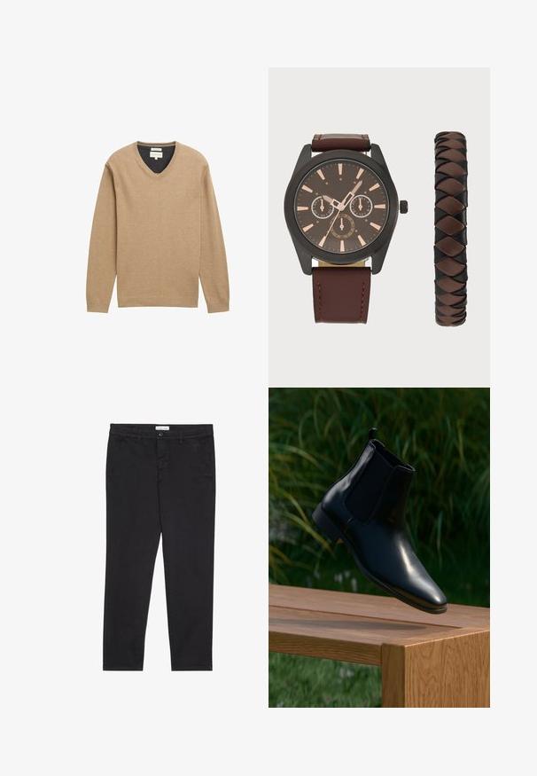 Beige V-ringad tröja tillverkad av mjukt stickat tyg, med långa ärmar och ribbad nederkant. Subtil logotypdetalj på bröstet.; Svarta bomullsbyxor med smal passform, som har två sidfickor och knäppning fram. Texturerad tyg med subtila detaljer.; Svart läder Chelsea-stövlar sväva ovanför en träbänk med gräs och växter i bakgrunden.; Pier One SET - Klocka - black/brown