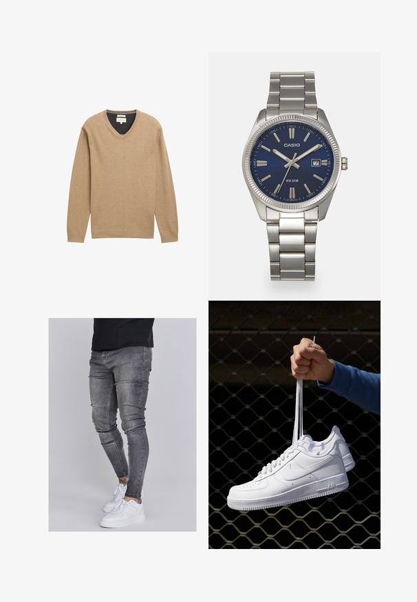 Bežs V-veida džemperis, izgatavots no mīksta adījuma auduma, ar garām piedurknēm un ribu apakšmalu. Diskretā logo detaļa uz krūts.; Tievās džinsās bālganā pelēkā denimā, kas izceļas ar nolietotām detaļām pie ceļgaliem, apvienotas ar baltām kedām. Gluda tekstūra, šaurs piegriezums.; Baltas ādas sporta apavi ar perforācijām, apaļu purngali, plakanu zoli un biezām šņorēm, ar redzamu swoosh logo un vārdu "AIR" uz papēža.; Sudraba nerūsējošā tērauda rokas pulkstenis ar tumši zilu ciparnīcu, metalizētiem stundu rādītājiem un datuma logu pie pulksten 3. Ūdensizturīgs līdz 50 metriem.