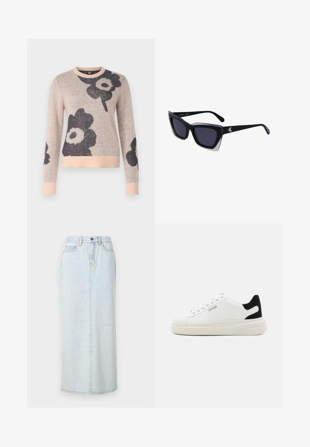 Marimekko TUNNELMA UNIKKO - Stickad tröja - light pink/dark grey; Ljusblå denim maxikjol med rak design, framknäppning och synlig sömnad. Har två framfickor.; Vita lädersneakers med en tjock vit sula, svartsuede hälaccent och präglad logotyp på sidan. Snörningsdesign med sex öglor.; Svart överdimensionerade solglasögon med geometrisk form, med mörka linser och en kontrasterande grå detalj på ramen. Logotyp på bygeln.; Silverfärgade hängande örhängen med en slät, blänkande yta. Rundad form, lätt design, med ett stift- och bakstängning.