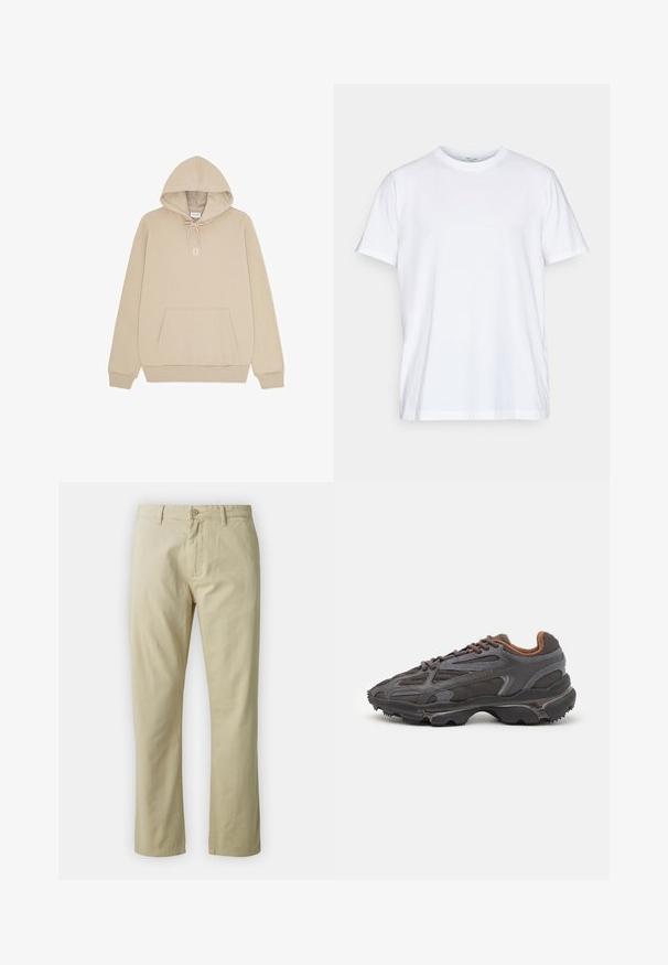 Beige Kapuzenpullover mit Kängurutasche vorne, verstellbarer Kapuze mit Kordelzug, gerippten Bündchen und weißem "II"-Aufdruck auf der Brust.; Weißes Baumwoll-T-Shirt mit kurzen Ärmeln, rundem Halsausschnitt und lockerer Passform. Minimalistisches Design, ohne Muster oder Akzente.; Beige Baumwollhose mit geradem Bein, mit vorderem Knopfverschluss und Gürtelschlaufen. Glatte Textur, keine sichtbaren Muster oder Akzente.; Lacoste Sneaker in Dunkelgrau aus Mesh und Synthetikmaterial, mit einer strukturierten Sohle und braunen Akzenten am Kragen und Logo.