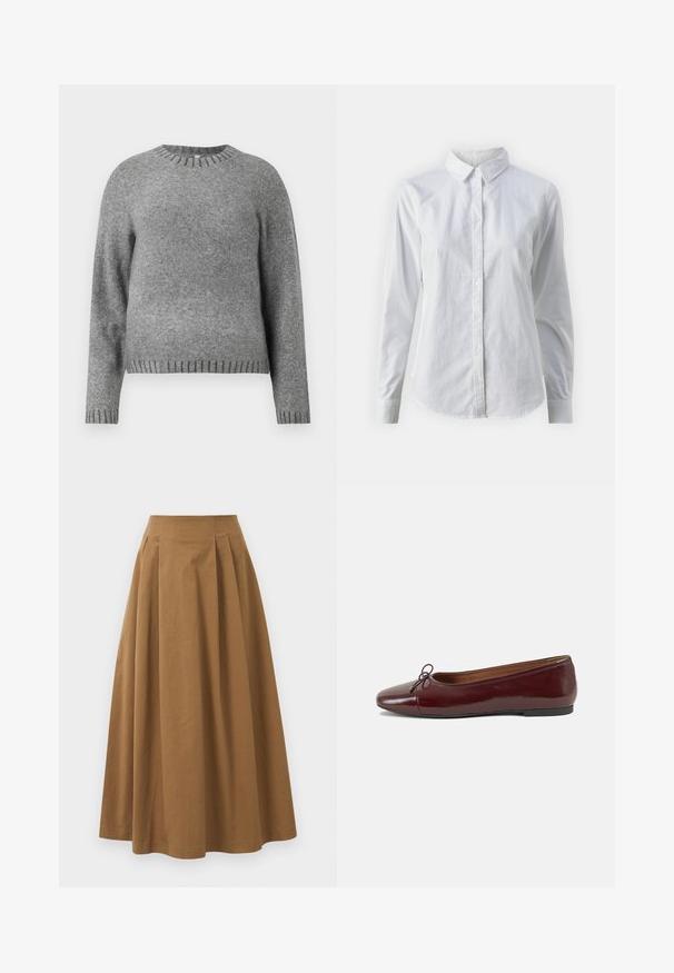 Pilkos mezginio megztinis su apvaliu iškirpimu, ilgomis rankovėmis ir banguotomis detalėmis ant rankovių ir apatinės dalies. Minkšta tekstūra ir šiek tiek laisvas kirpimas.; Balta marškinėliai su mygtukais, pagaminti iš lygios medvilnės, su klasikiniais apykaklės, ilgomis rankovėmis ir lenktu kraštu. Mygtukai maži ir balti.; Ruda medvilninė A formos sijonas su aukštu liemeniu, puikuojantis klostėmis priekyje ir lygia tekstūra. Apdailos kraštai yra švarūs ir paprasti.; Bordo lakiotos odos baleto bateliai su apvalia nosimi, maža kaspinėlio akcentu priekyje ir žema juoda guma padanga. Lygi tekstūra.