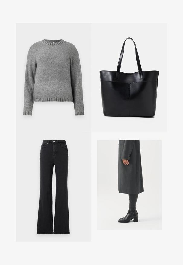 Grå strikket genser med rund hals, lange ermer og ribbede detaljer ved mansjettene og kanten. Myk tekstur med en litt løs passform.; Svarte høy midje denim jeans med utsvingt ben, frontknapp og fem-lommers design mot en ensfarget hvit bakgrunn.; Grå, skreddersydd frakk med rett snitt; kombinert med knehøye svarte lærstøvler med firkantet tå og kraftig hæl.; Svart lær toteveske med to lange håndtak, en glatt tekstur og en strukturert form. Har en frontlomme for ekstra oppbevaring.