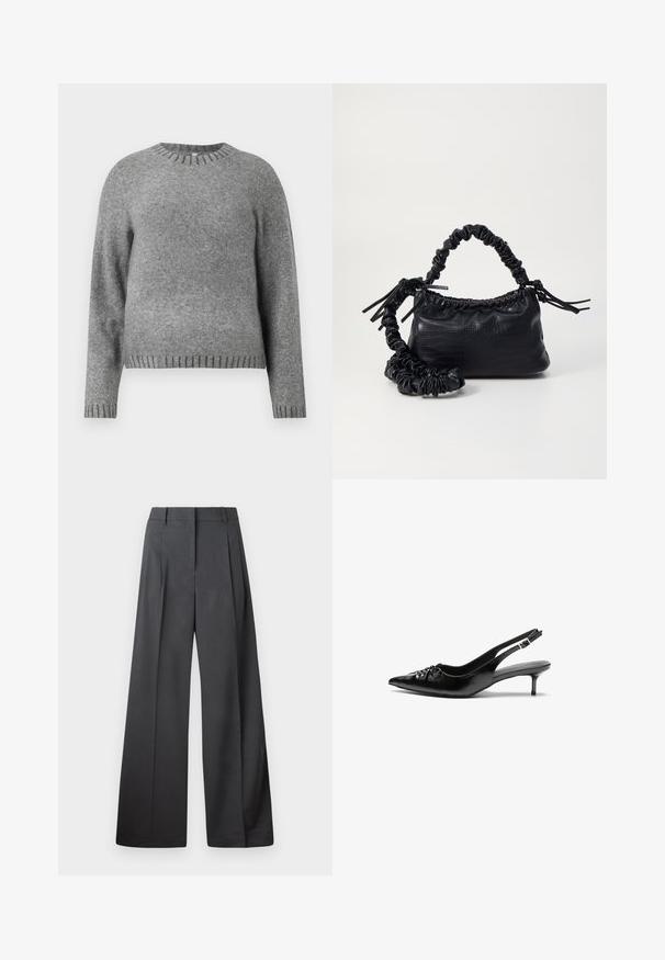 Sweater cinza em malha com decote redondo, mangas longas e detalhes canelados nos punhos e na barra. Textura suave com um ajuste ligeiramente solto.; Calças de perna larga em tecido cinza escuro, apresentando uma cintura alta, pregas simples e uma textura suave com um acabamento limpo nas bainhas.; Sapatos de salto alto slingback em couro preto com bico fino, pequeno salto kitten e um detalhe decorativo em forma de nó na parte da frente. Textura suave em toda a parte.; Bolsa de mão em couro sintético preto com textura de crocodilo, topo franzido e alça enrugada. Apresenta um design suave e compacto.