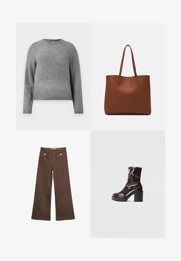 Harmaa neulepaita, jossa on pyöreä kaula-aukko, pitkät hihat ja resorit hihoissa ja helmassa. Pehmeä tekstuuri ja hieman löysä istuvuus.; Ruske leve bukser i bomuld med to forlommer med sølvknapper og en glat overflade.; Satea bordeaux berwarna mengkilap dengan tumit hitam tebal, menampilkan tekstur halus dan desain sederhana. Tanpa pengikat atau pola yang terlihat.; Ruskea nahkainen olkalaukku, jossa on sileä pinta, avoin yläosa ja kaksi olkahihnaa. Omaavat vain minimaalisen ompelun eikä näkyvää metalliosaa.