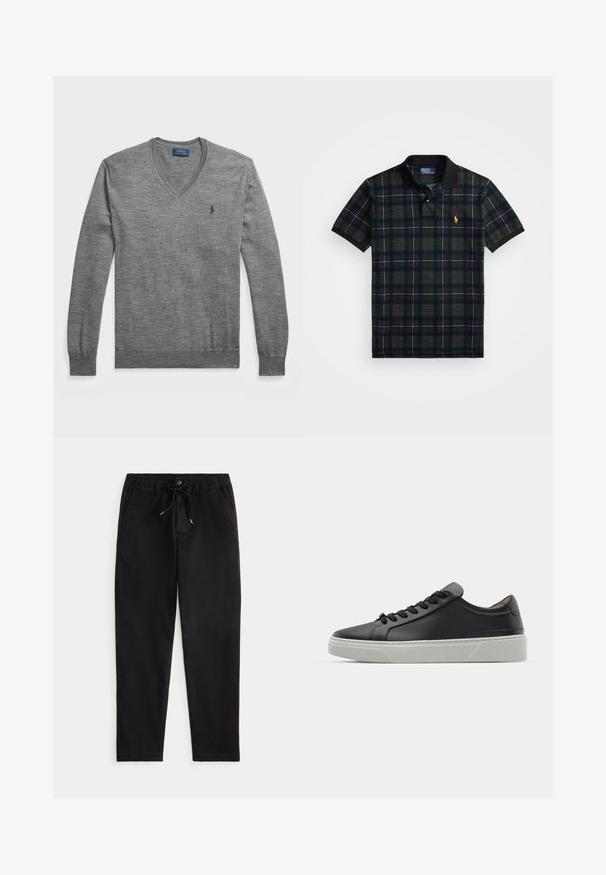 Sivi pulover z v-nekom iz pletenine. Ima dolge rokave, rebrast rob in hem, ter majhen logotip na levem prsnem delu.; Temnozeleno, mornarsko modro, rdeče in rumeno karirano polo majico s črnim ovratnikom in manšeti na rokavih, ki ima na prsih majhen rumen vezen logotip.; Črne sproščene hlače z elastičnim pasom, vezalko, sprednjim gumbom in stranskimi žepi, prikazane na enostavni podlagi.; Črne usnjene teniske z gladko teksturo, okroglo konico in črnimi vezalkami. Imajo debel bel gumijast podplat s subtilnimi geometrijskimi poudarki.