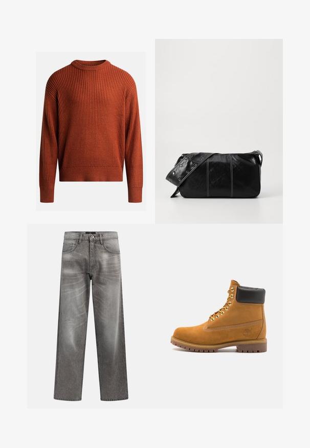 Maglia a girocollo in maglia a coste di colore arancio bruciato, con maniche lunghe. Texture morbida, vestibilità rilassata e dettagli di strech discreti.; Jeans in denim grigio a gamba larga con finitura sbiadita, design classico a cinque tasche e chiusura con bottone in metallo. Tessuto lavorato con dettagli di usura sottili.; Stivale alla caviglia in suede tan con collare imbottito nero, occhielli in metallo dorato, dettagli in cucitura bianca e suola in gomma robusta con battistrada pronunciato.; Borsa a spalla in pelle nera con chiusura a zip, caratterizzata da un corpo testurizzato, cuciture bianche e una tracolla con occhielli in argento.