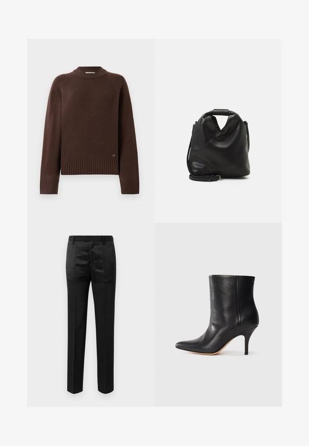 Tummanruskea villapaita, jossa on ribbireunat hihansuissa, helmassa ja kauluksessa. Paidassa on pieni metallilogo alas helmassa yksinkertaisella taustalla.; Mustat räätälöidyt housut suoralinjaisilla lahkeilla ja vyötärönauhalla, jossa on vyölenkit, joissa on matta- ja kiiltäväkangaspaneelien yhdistelmä.; Musta nahkasaapas nilkkamittaisena, teräväkärkinen, kapea stiletto-korko ja sileä pinta. Minimalistinen muotoilu ilman näkyviä metalliosia tai kuvioita.; Mustan, pehmeän nahkabagin ainutlaatuinen kierretty muotoilu. Varustettu lyhyellä kahvalla ja irrotettavalla olkahihnalla. Minimalistinen tyyli.