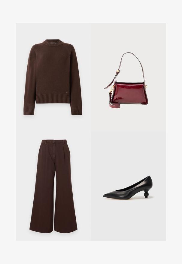 Pulover din lână de culoare maro închis, cu manșete și tiv cu nervuri, și guler înalt, având un mic logo metalic aproape de tivul de jos pe un fundal simplu.; Pantaloni maro cu talie înaltă, cu picioare largi, închidere cu nasture și fermoar, cu bucle pentru curea și pliseuri în față.; Pantofii cu toc înalt din piele neagră, cu vârf ascuțit și toc rotund, mimos. Textură netedă, cu un design elegant și minimalist.; Geantă din piele patent burgundy, cu un design structurat, închidere cu fermoar superior și curea de umăr detașabilă. Accente din metal auriu.