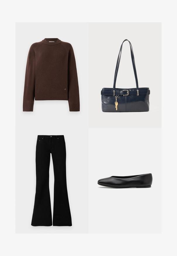 Dunkelbrauner Wollpullover mit gerippten Bündchen, Saum und Stehkragen, ausgestattet mit einem kleinen Metalllogo nahe dem unteren Saum auf einem schlichten Hintergrund.; Schwarze Bootcut-Jeans aus Denim, die über ein klassisches Fünf-Taschen-Design, einen Knopfverschluss und dezente Nähte entlang der Säume verfügen.; Paul Smith TOPANGA - Klassischer Ballerina - black; Marineblaue Lederhandtasche mit zwei langen Griffen, einer Schnallen-Detailierung und einem daran befestigten Schlüsselanhänger. Besitzt eine glatte Textur und eine rechteckige Form.