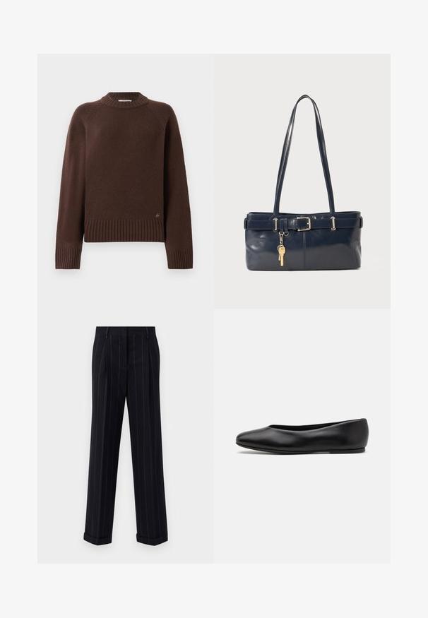 Dark brown wool sweater with ribbed cuffs, hem, and mock neck, featuring a small metal logo near the bottom hem on a plain background.; Black pinstriped trousers with a tailored fit, featuring a cuffed hem and front pleats. Made of smooth fabric with a structured design.; Paul Smith TOPANGA - Ballet pumps - black; Navy leather handbag with two long handles, a buckle detail, and a keychain attached. Features a smooth texture and a rectangular shape.