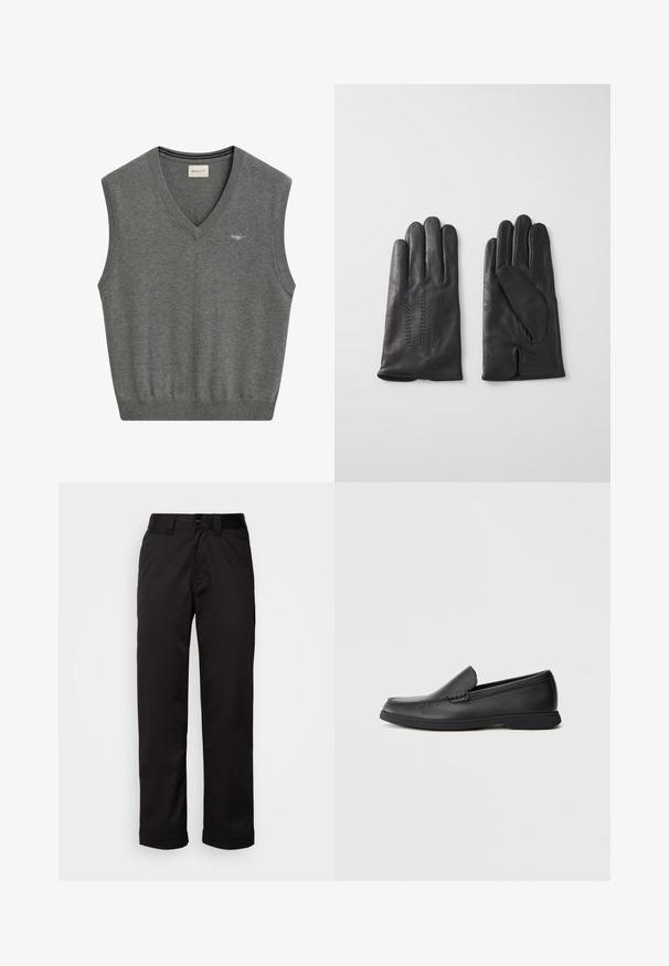 Grauer ärmelloser Pullover, V-Ausschnitt-Design, gerippter Hals- und Saumabschluss, weicher Stoff, mit einem kleinen gestickten Logo auf der Brust.; Schwarz T-Shirt mit kurzen Ärmeln aus einem glatten Baumwollmix, mit Rundhalsausschnitt und einem minimalistischen Design ohne Muster oder Akzente.; Schwarze Hose aus glattem Stoff, mit Reißverschluss, Knopfverschluss und umgeschlagenen Säumen für ein lässiges Design.; Schwarze Leder Slipper mit strukturiertem Obermaterial, runder Zehenform, niedrigem Absatz und Gummisohle, seitlich auf weißem Hintergrund abgebildet.; Schwarze Lederhandschuhe mit fünf Fingern, die mit dekorativen Nähten versehen sind. Das Innere hat ein weiches Futter und ein offenes Design für den Zeigefinger.