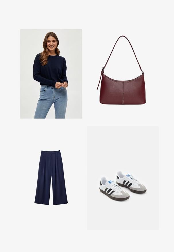 Mornarsko pleteni pulover z dolgimi rokavi in okroglo ovratnikom, v kombinaciji s svetlomodrimi oprijetimi kavbojkami. Mehek material in sproščen kroj.; Mornarsko modri široki hlače z naborki, gumbi v pasu in zankami za pas, prikazane na ravni beli ozadju.; Športni čevlji z belim usnjenim zgornjim delom, sivim semišem na prstih in tremi črnimi črtami. Imajo modro logo na jeziku in teksturiran gumijast podplat.; Bordo usnjeni ročni torbici s ukrivljeno obliko, enim ramenskim trakom in šivanjem na sredini. Gladka tekstura, minimum kovinskih dodatkov.